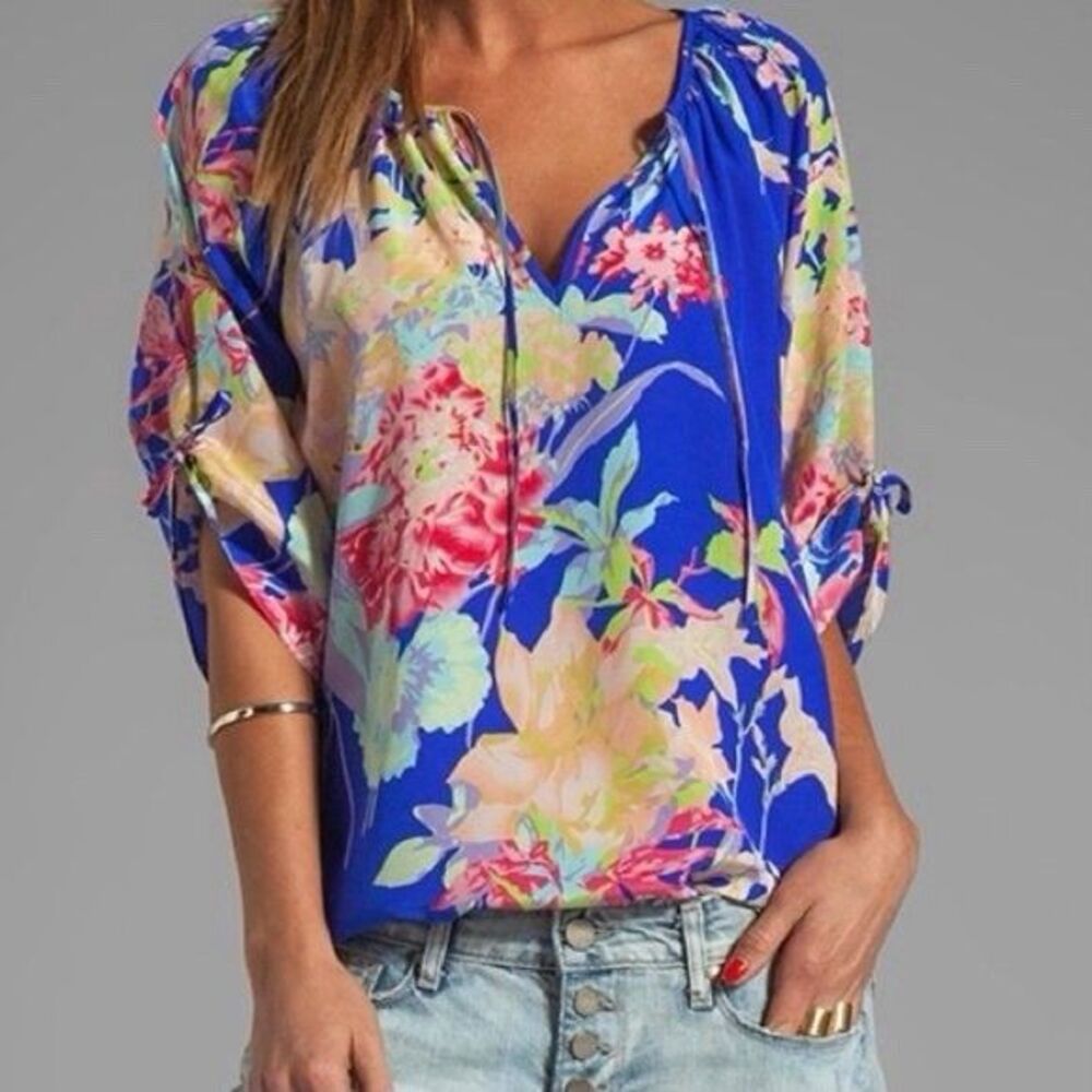 Yumi Kim Anthropologie Blue Floral 100% Silk Blouse Top Size S Small EUC!!